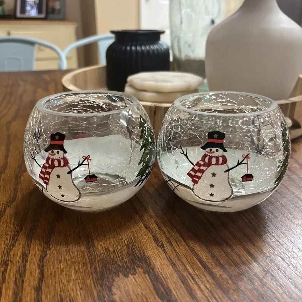 Crackle Glass Snowman Tea Light Candle Holder Christmas Holiday Decor Lot Of 2
